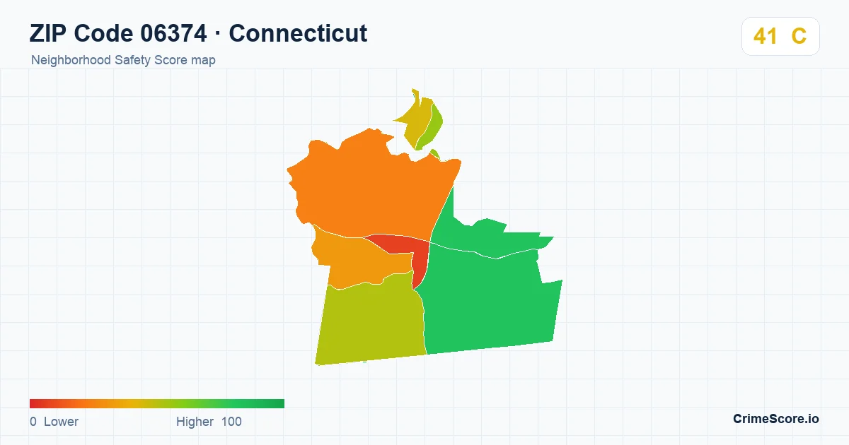 ZIP Code 06374 in Connecticut neighborhood Safety Score map