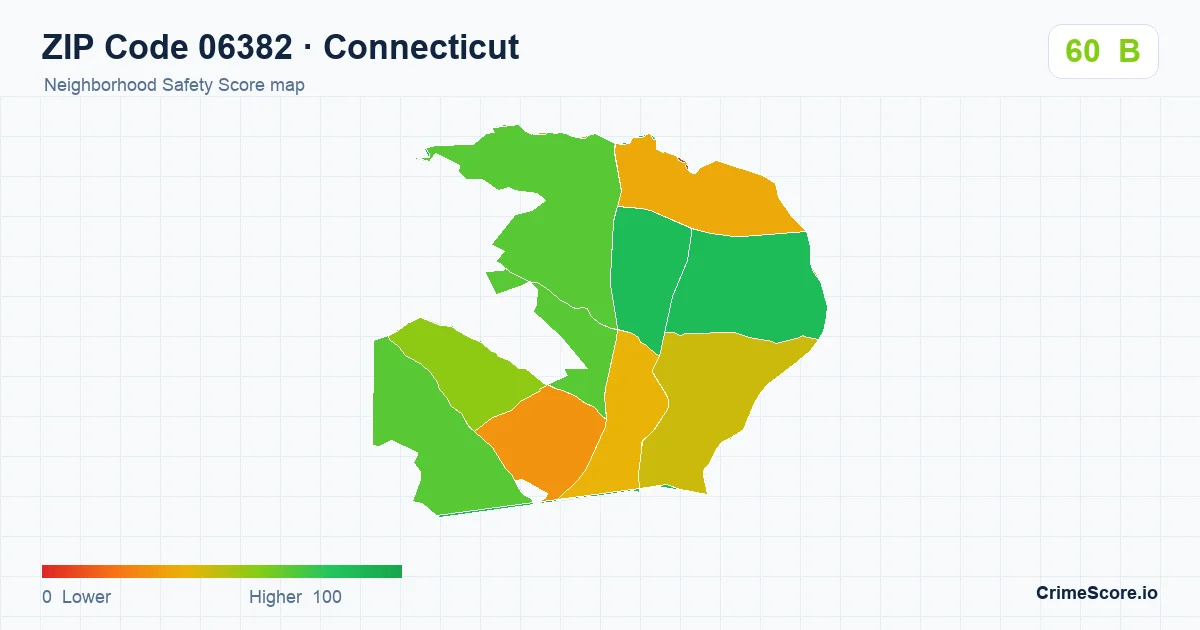 ZIP Code 06382 in Connecticut neighborhood Safety Score map