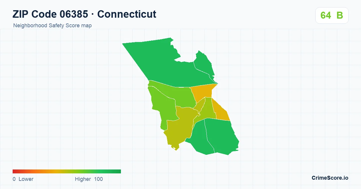 ZIP Code 06385 in Connecticut neighborhood Safety Score map