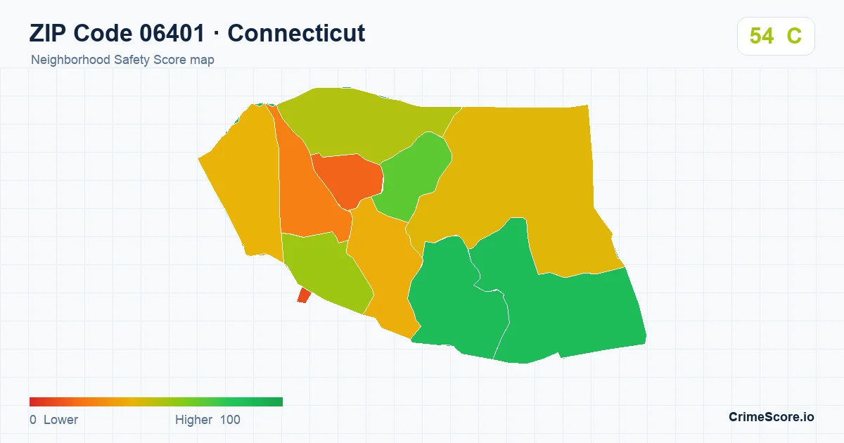 ZIP Code 06401 in Connecticut neighborhood Safety Score map