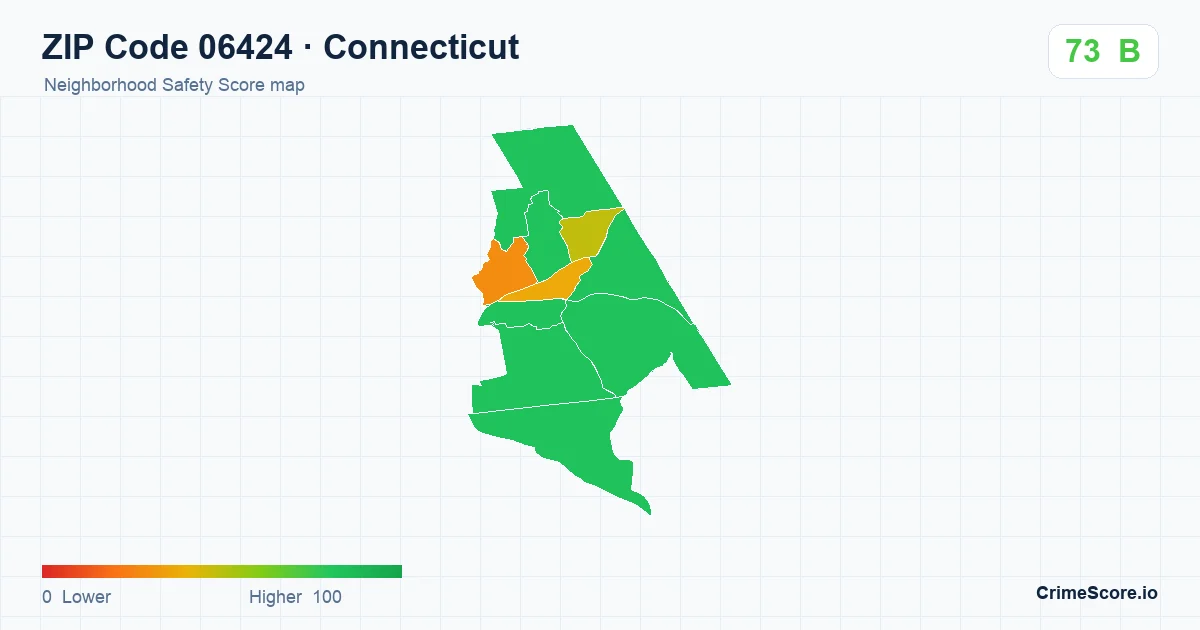 ZIP Code 06424 in Connecticut neighborhood Safety Score map