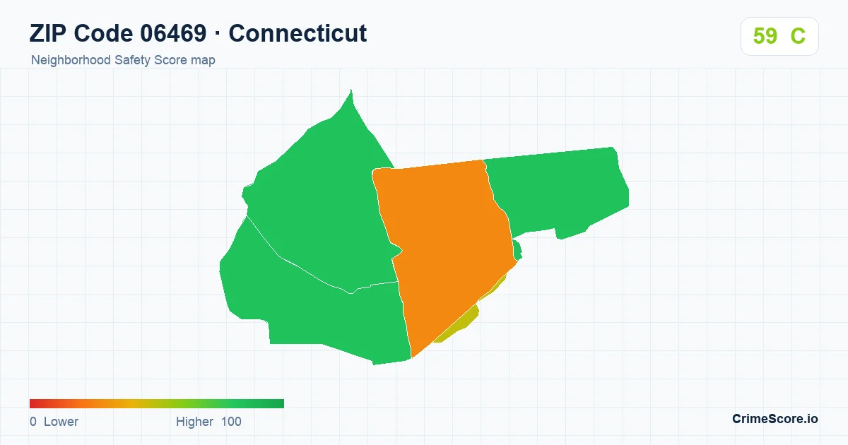 ZIP Code 06469 in Connecticut neighborhood Safety Score map
