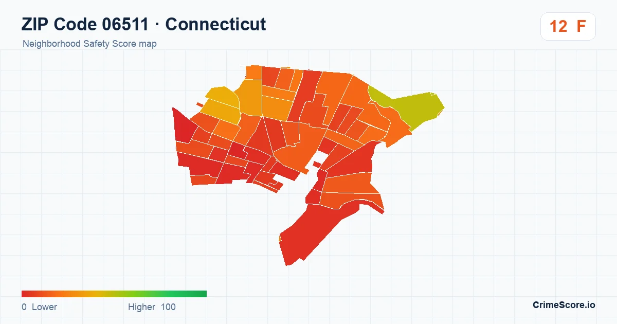 ZIP Code 06511 in Connecticut neighborhood Safety Score map