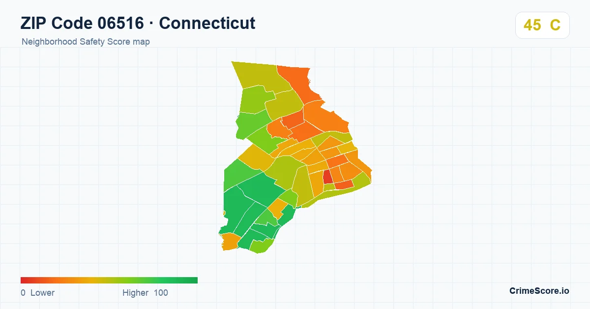ZIP Code 06516 in Connecticut neighborhood Safety Score map