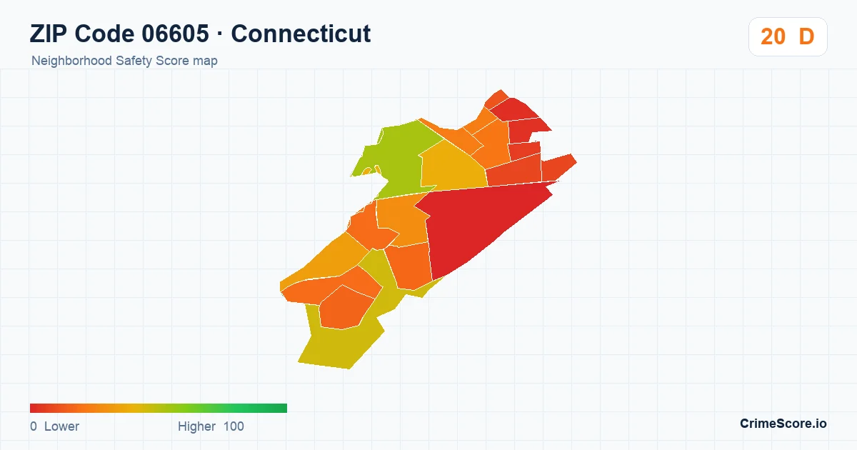 ZIP Code 06605 in Connecticut neighborhood Safety Score map