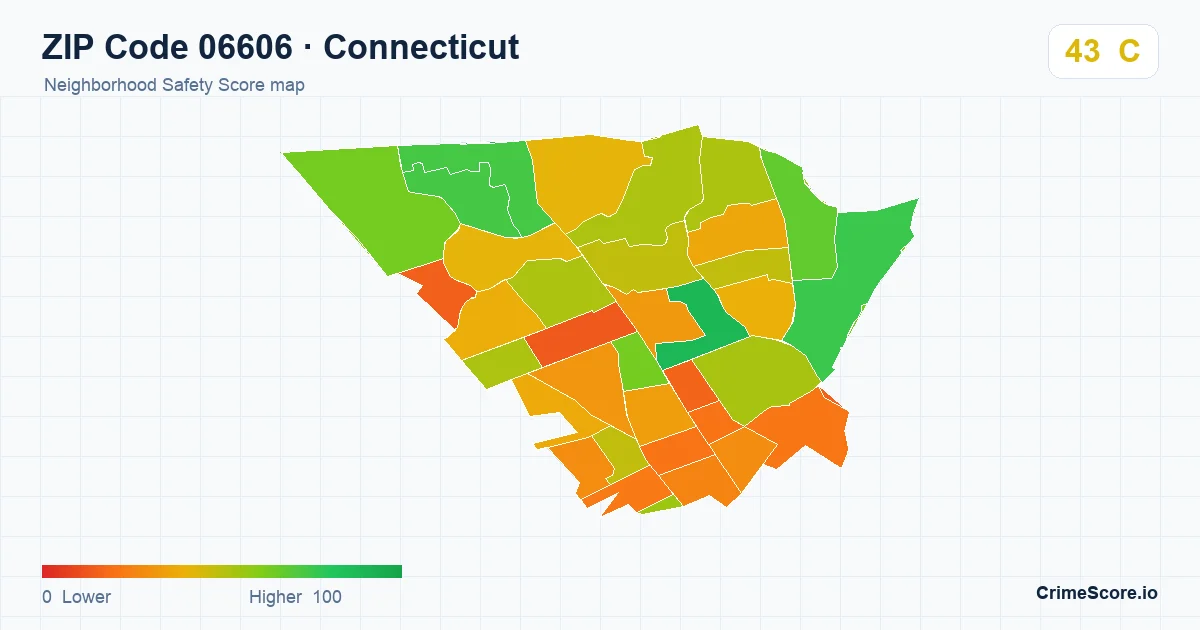 ZIP Code 06606 in Connecticut neighborhood Safety Score map