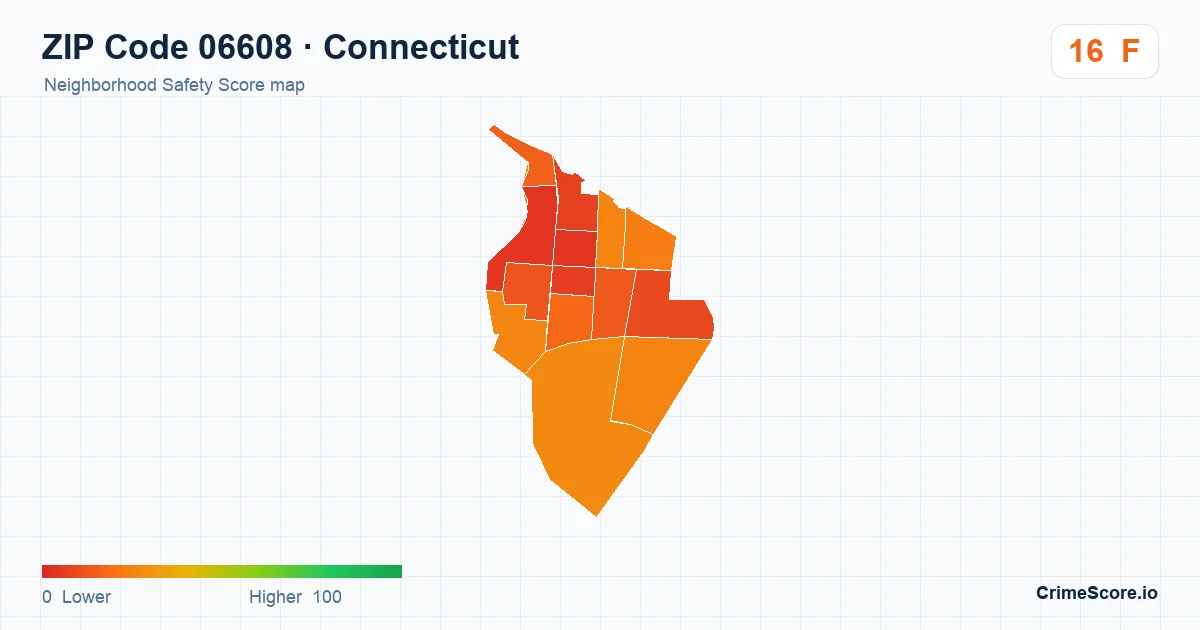 ZIP Code 06608 in Connecticut neighborhood Safety Score map