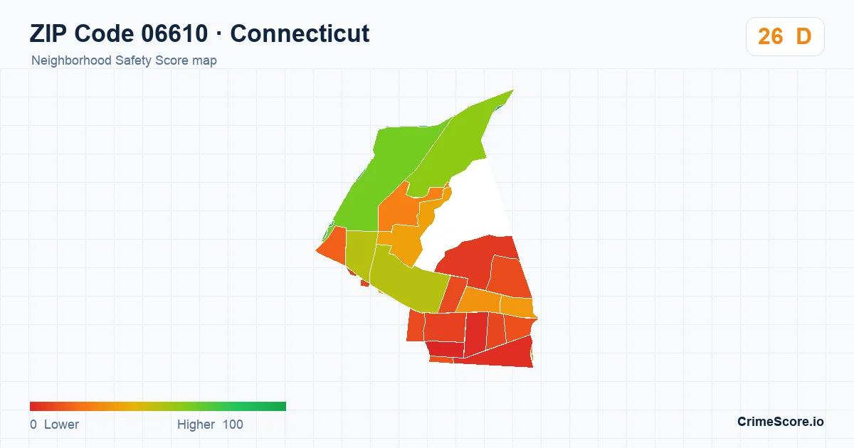 ZIP Code 06610 in Connecticut neighborhood Safety Score map