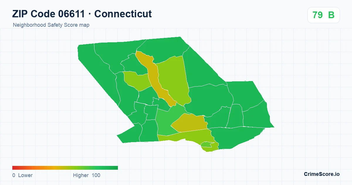 ZIP Code 06611 in Connecticut neighborhood Safety Score map