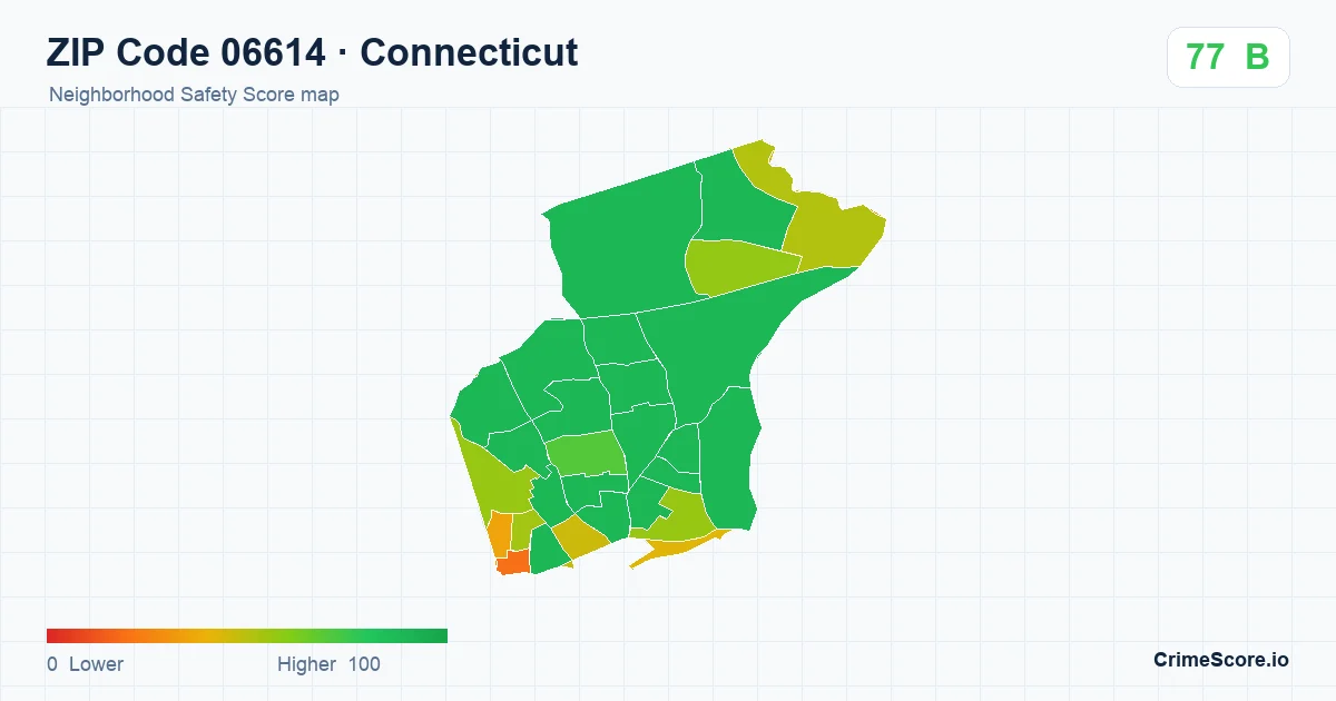 ZIP Code 06614 in Connecticut neighborhood Safety Score map