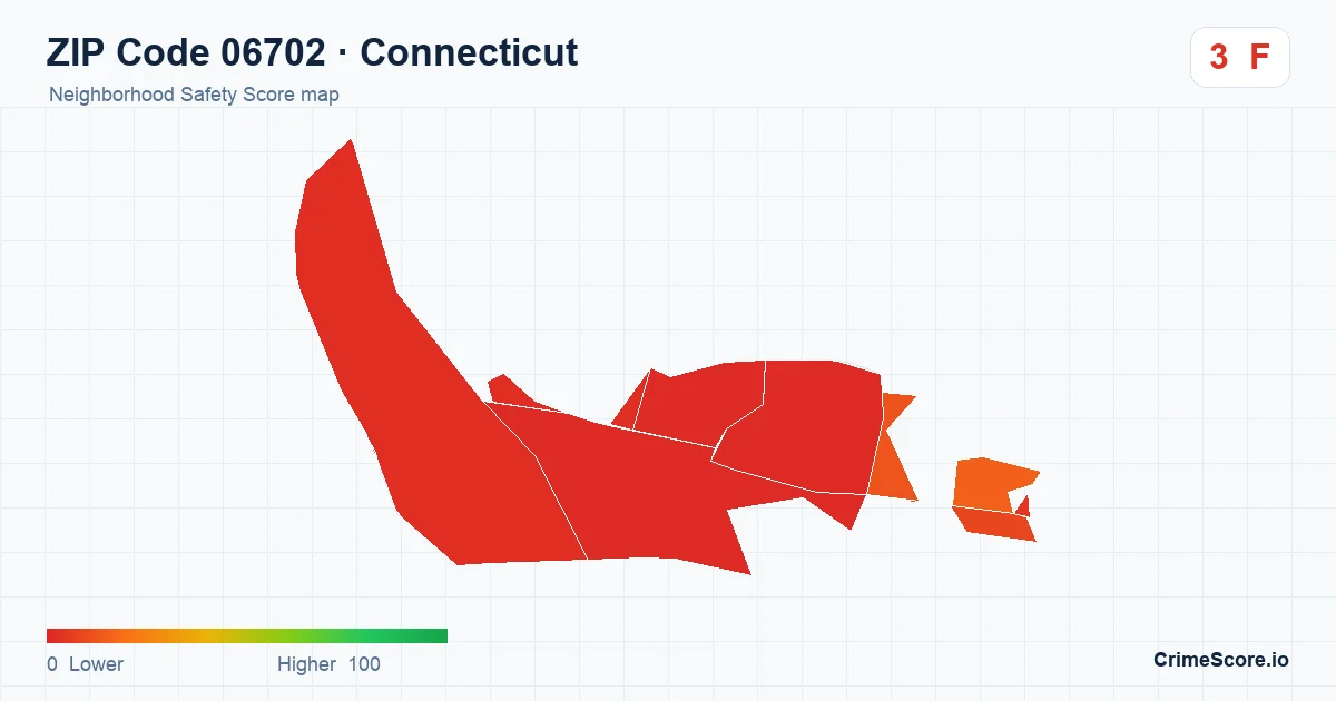 ZIP Code 06702 in Connecticut neighborhood Safety Score map