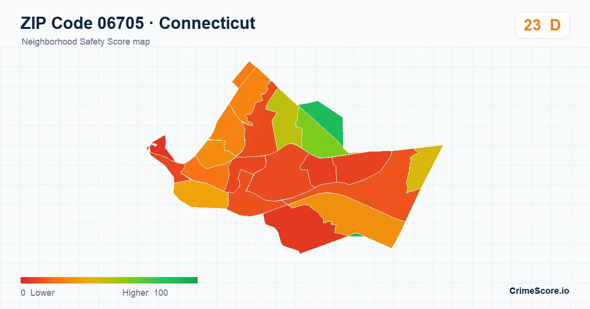 ZIP Code 06705 in Connecticut neighborhood Safety Score map