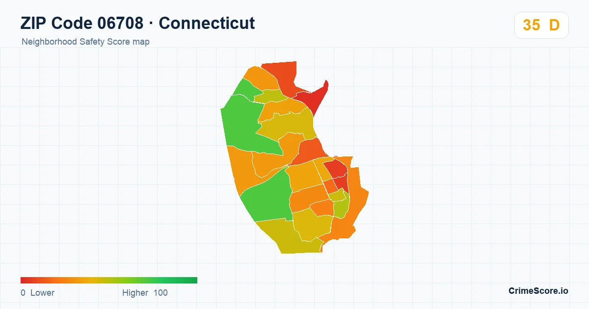 ZIP Code 06708 in Connecticut neighborhood Safety Score map