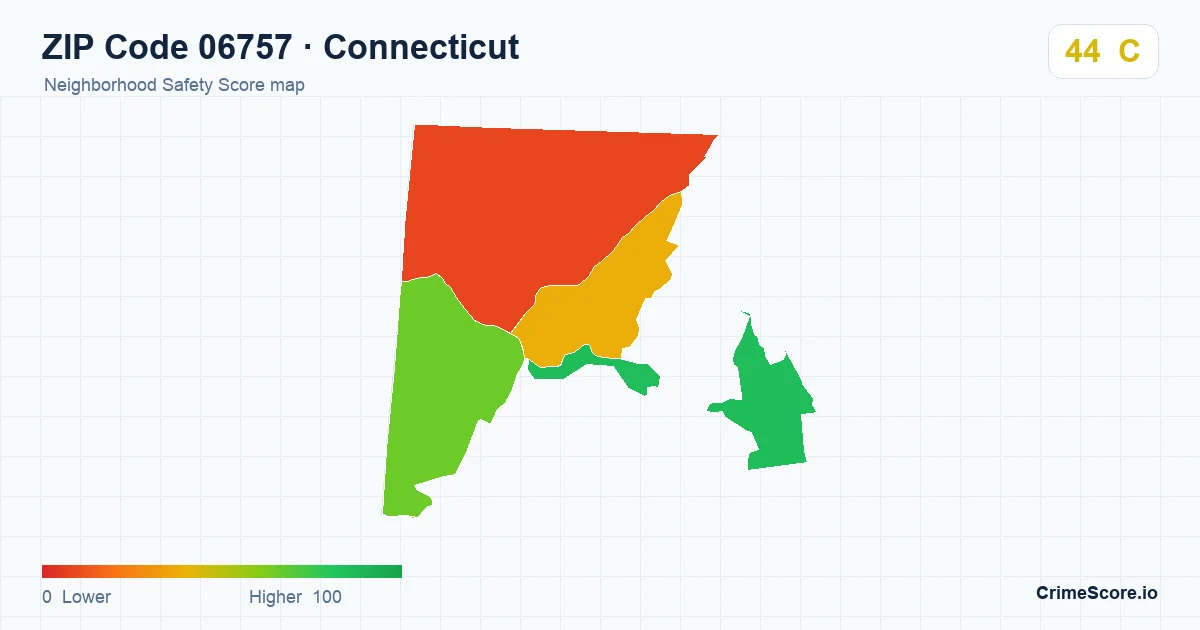 ZIP Code 06757 in Connecticut neighborhood Safety Score map