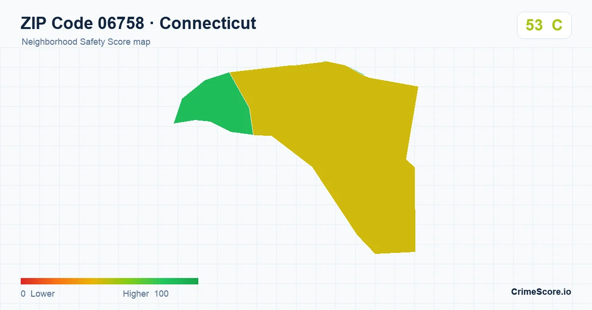 ZIP Code 06758 in Connecticut neighborhood Safety Score map