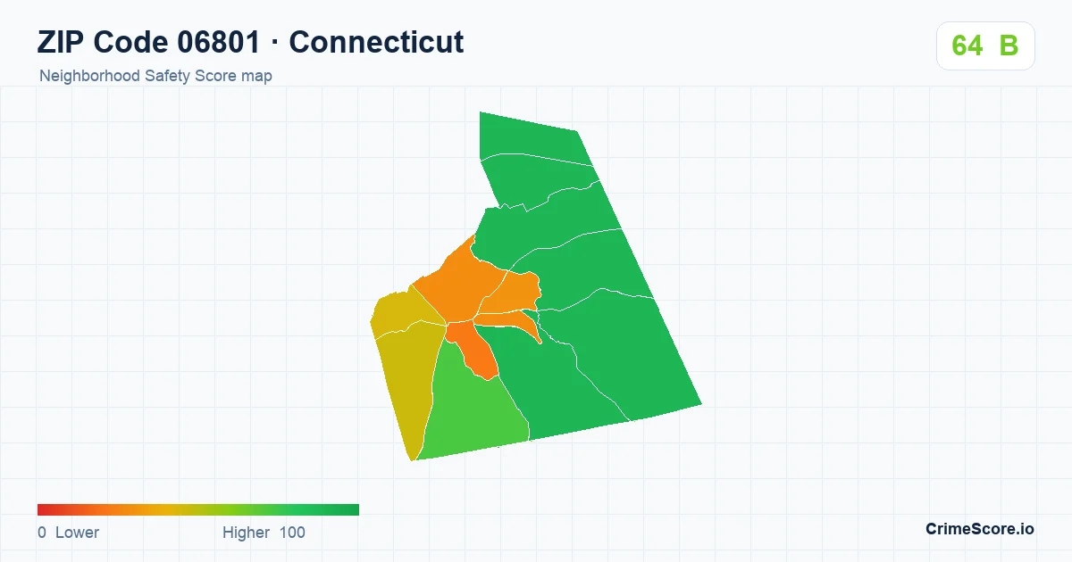 ZIP Code 06801 in Connecticut neighborhood Safety Score map