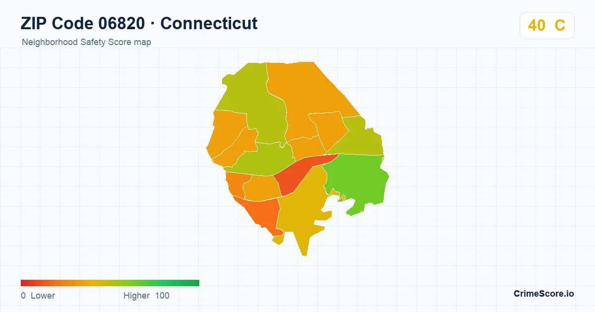 ZIP Code 06820 in Connecticut neighborhood Safety Score map