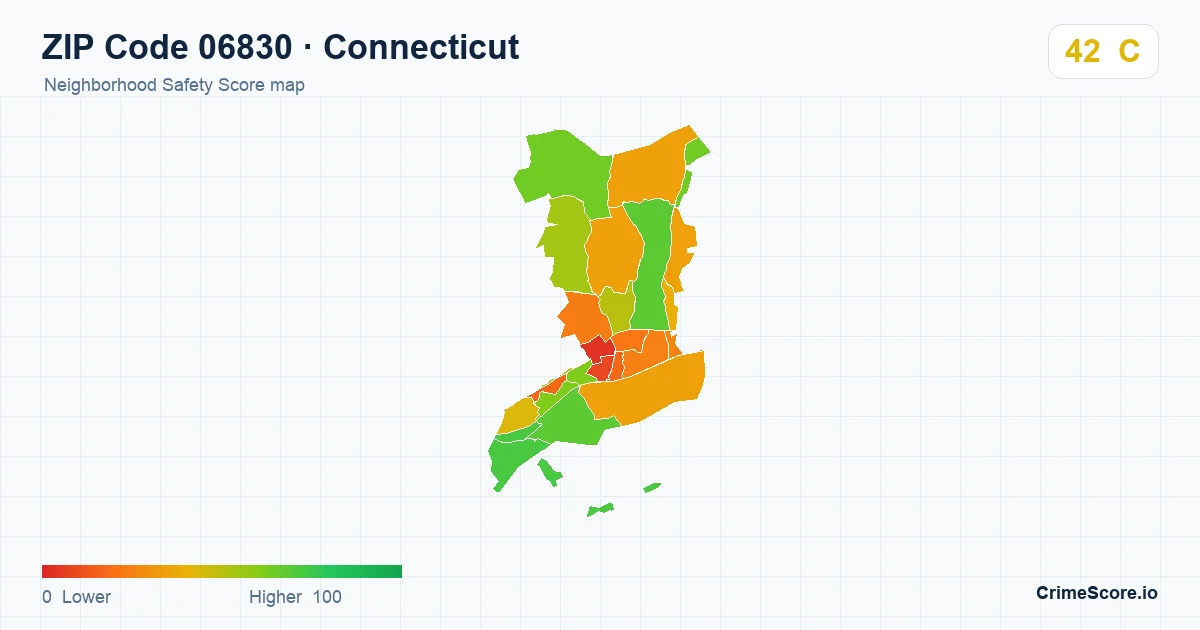 ZIP Code 06830 in Connecticut neighborhood Safety Score map