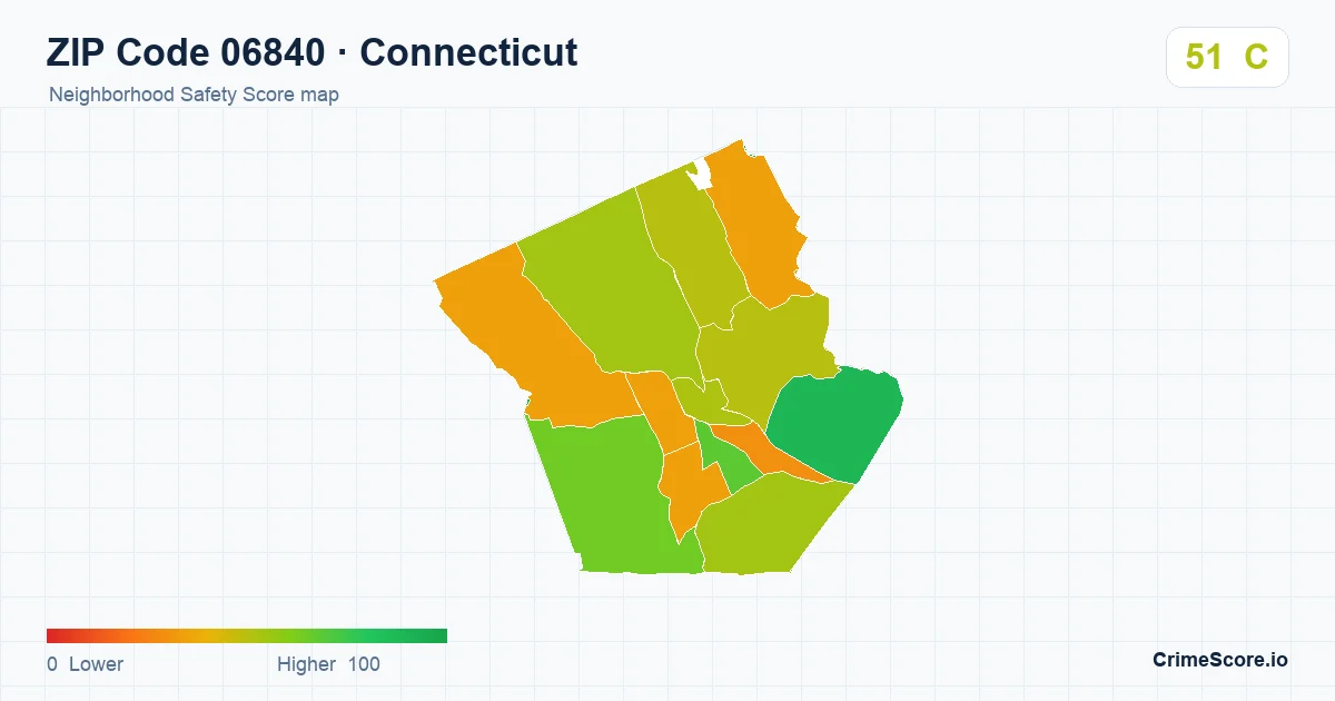 ZIP Code 06840 in Connecticut neighborhood Safety Score map