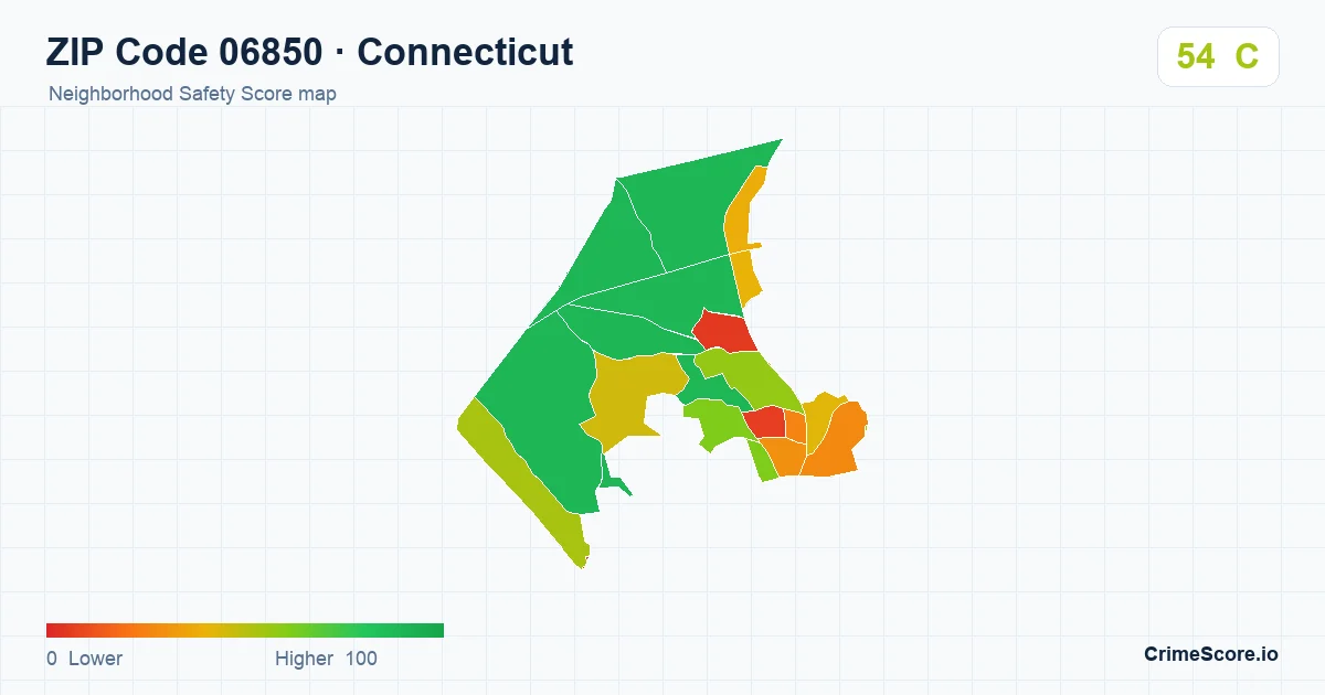 ZIP Code 06850 in Connecticut neighborhood Safety Score map