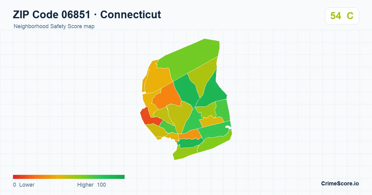 ZIP Code 06851 in Connecticut neighborhood Safety Score map