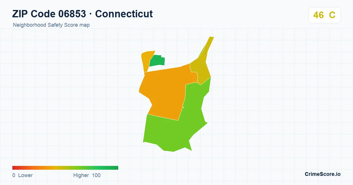 ZIP Code 06853 in Connecticut neighborhood Safety Score map