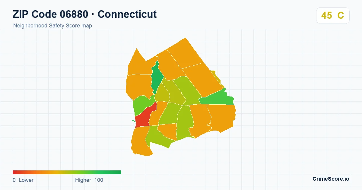 ZIP Code 06880 in Connecticut neighborhood Safety Score map