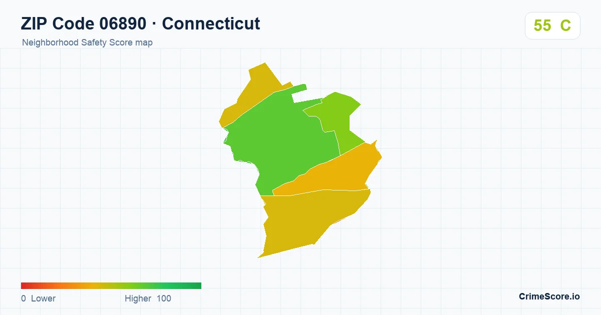 ZIP Code 06890 in Connecticut neighborhood Safety Score map