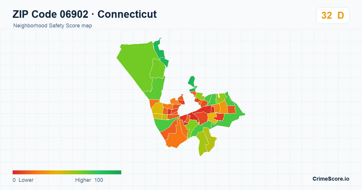 ZIP Code 06902 in Connecticut neighborhood Safety Score map