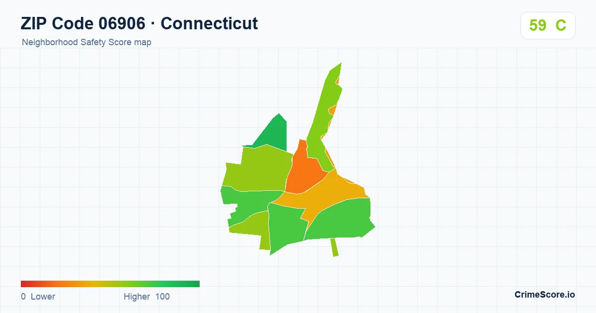 ZIP Code 06906 in Connecticut neighborhood Safety Score map