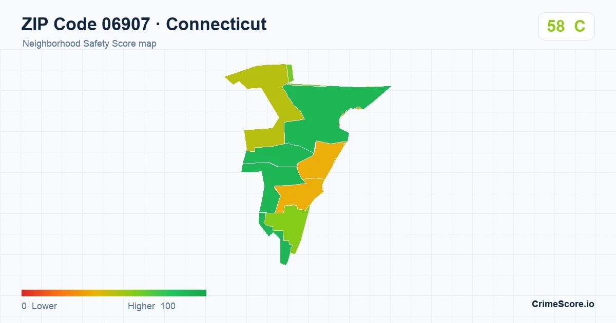 ZIP Code 06907 in Connecticut neighborhood Safety Score map