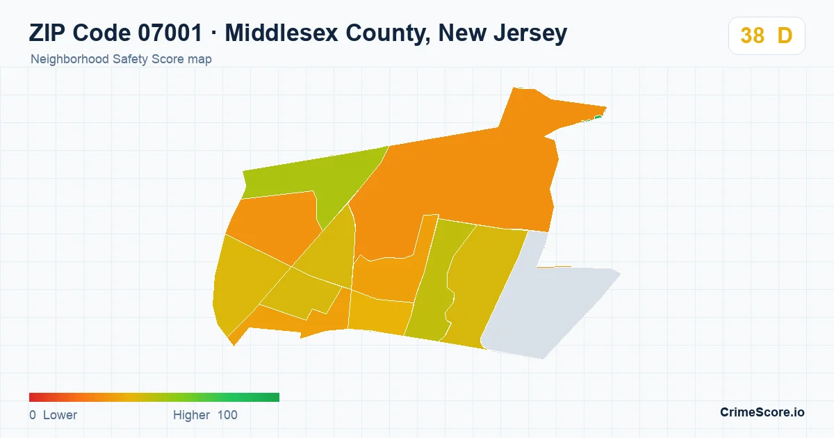 ZIP Code 07001 in Middlesex County, New Jersey neighborhood Safety Score map