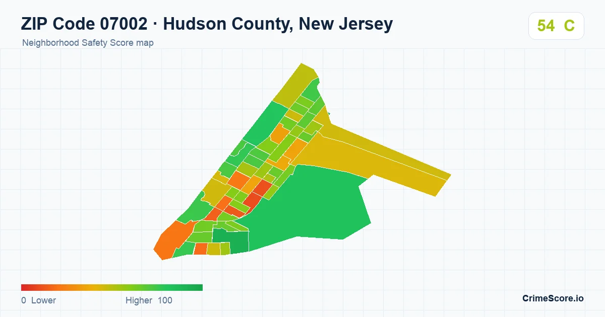 ZIP Code 07002 in Hudson County, New Jersey neighborhood Safety Score map