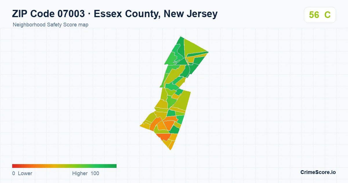 ZIP Code 07003 in Essex County, New Jersey neighborhood Safety Score map