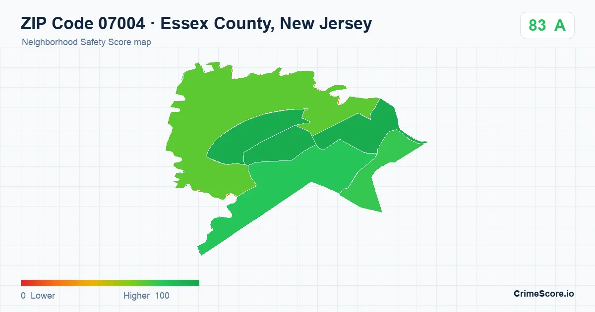 ZIP Code 07004 in Essex County, New Jersey neighborhood Safety Score map