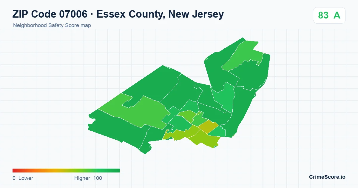 ZIP Code 07006 in Essex County, New Jersey neighborhood Safety Score map