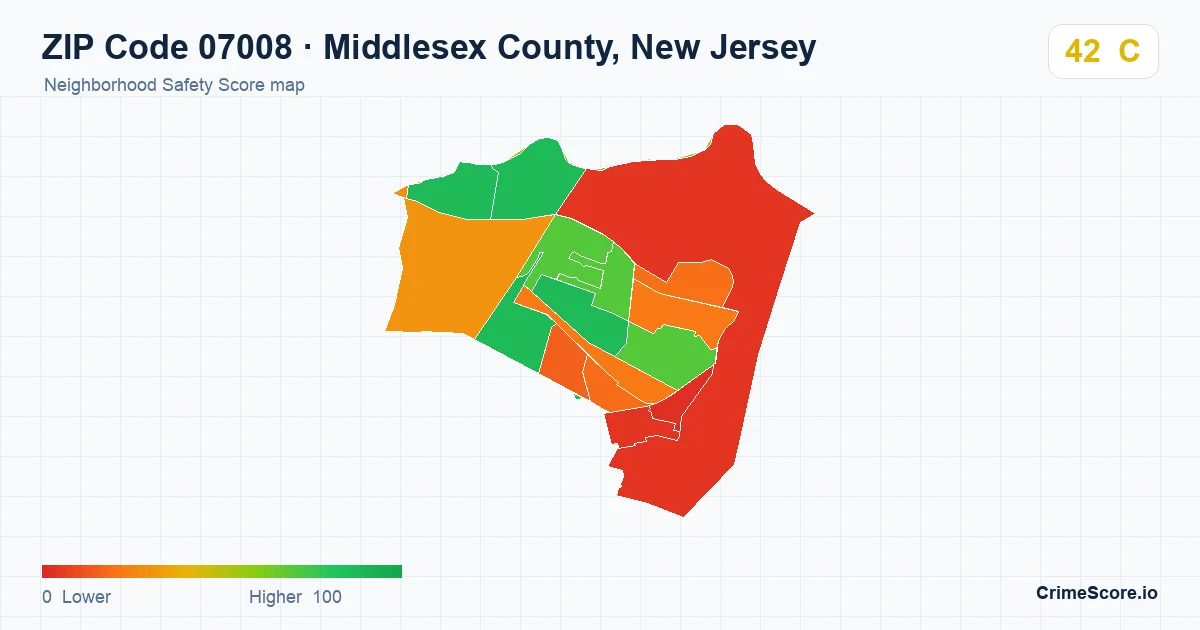 ZIP Code 07008 in Middlesex County, New Jersey neighborhood Safety Score map