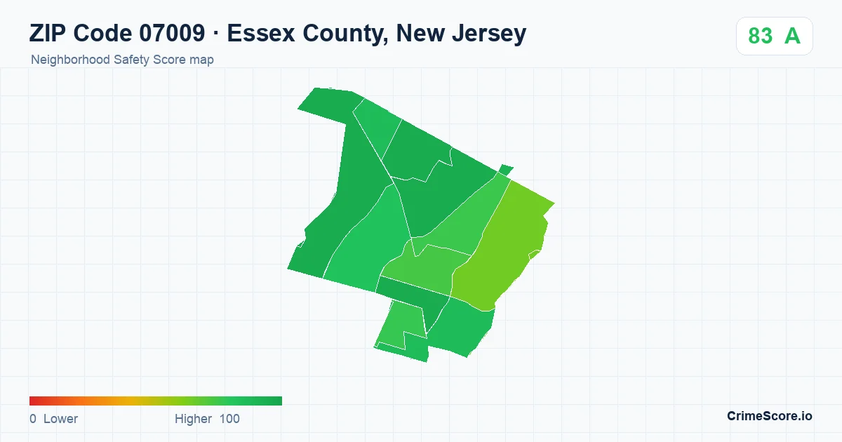 ZIP Code 07009 in Essex County, New Jersey neighborhood Safety Score map