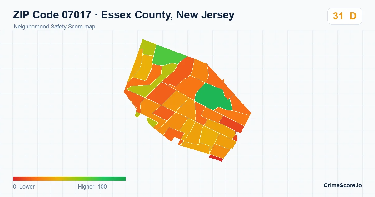 ZIP Code 07017 in Essex County, New Jersey neighborhood Safety Score map