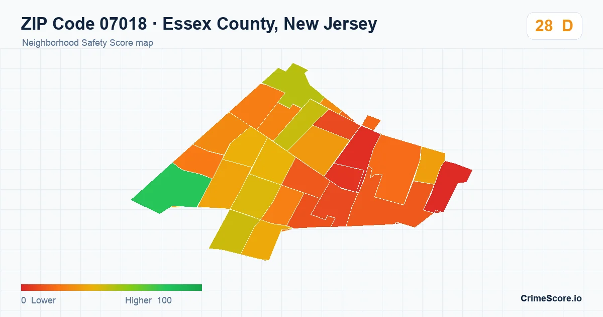 ZIP Code 07018 in Essex County, New Jersey neighborhood Safety Score map