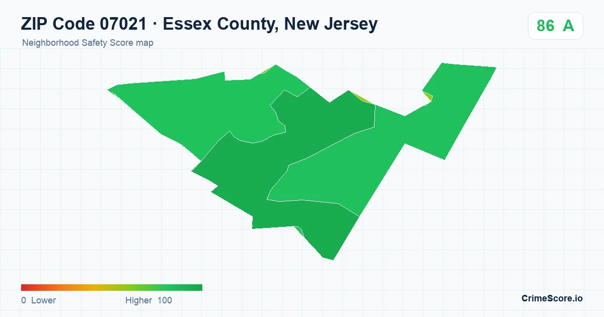 ZIP Code 07021 in Essex County, New Jersey neighborhood Safety Score map