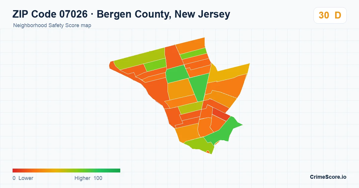 ZIP Code 07026 in Bergen County, New Jersey neighborhood Safety Score map