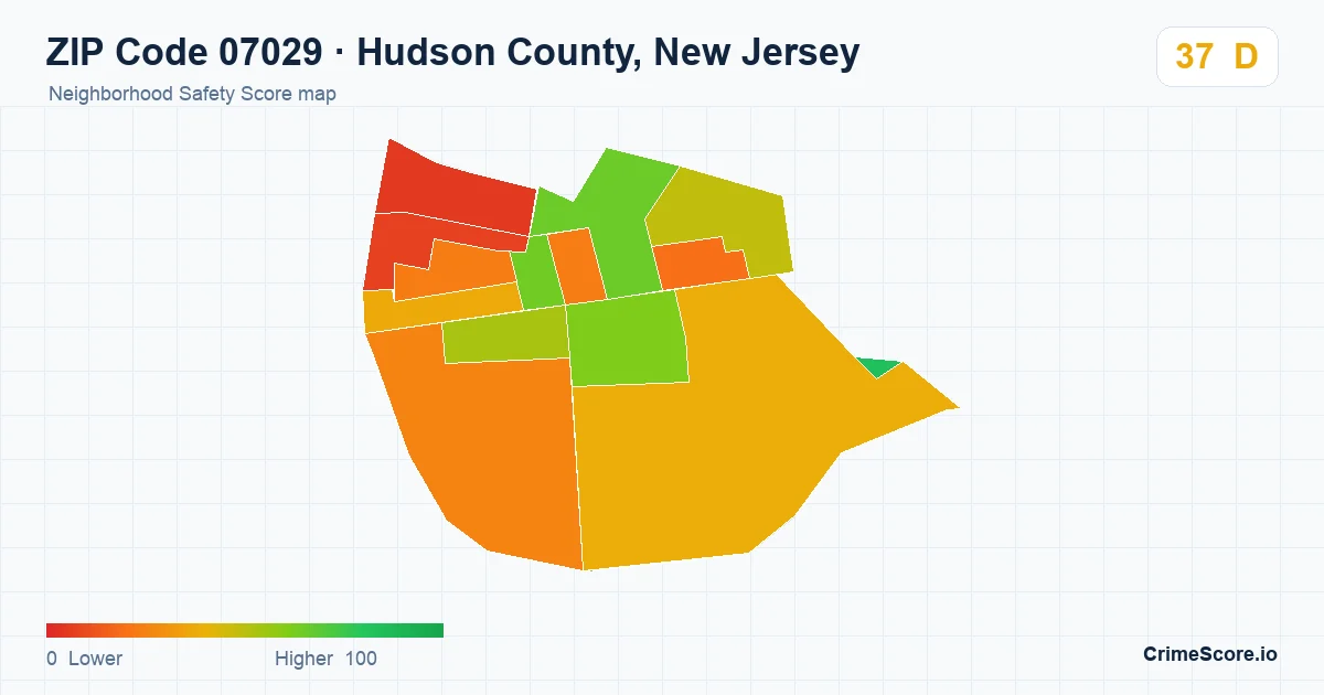 ZIP Code 07029 in Hudson County, New Jersey neighborhood Safety Score map