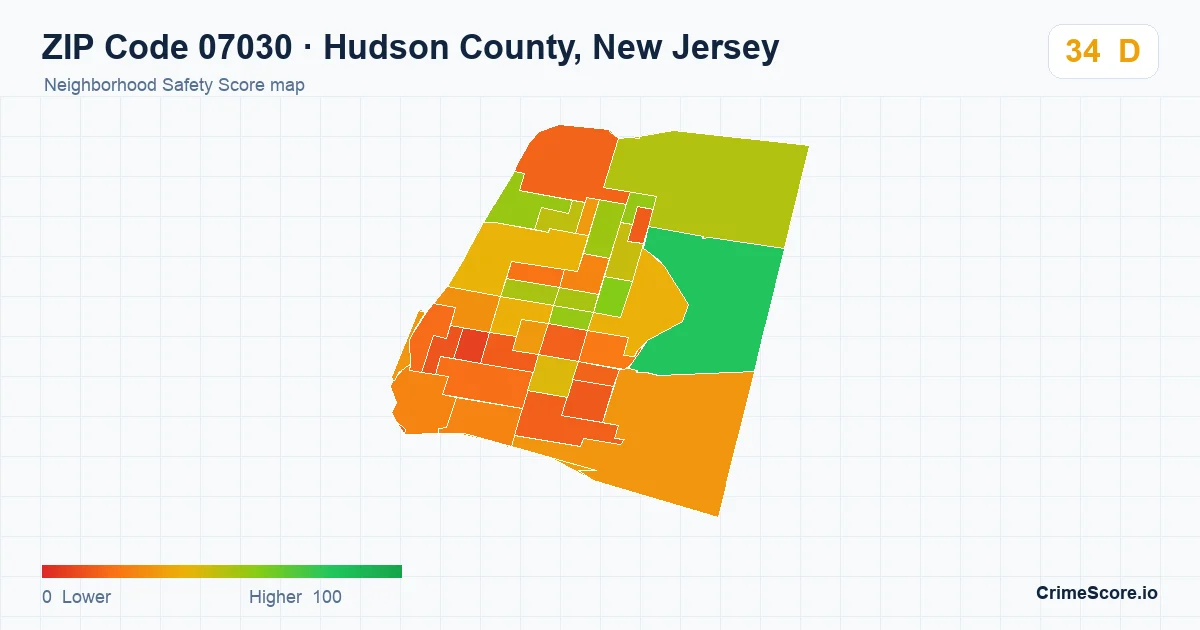 ZIP Code 07030 in Hudson County, New Jersey neighborhood Safety Score map