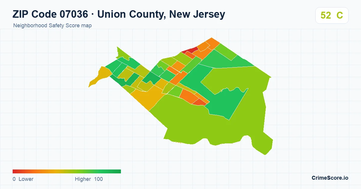 ZIP Code 07036 in Union County, New Jersey neighborhood Safety Score map