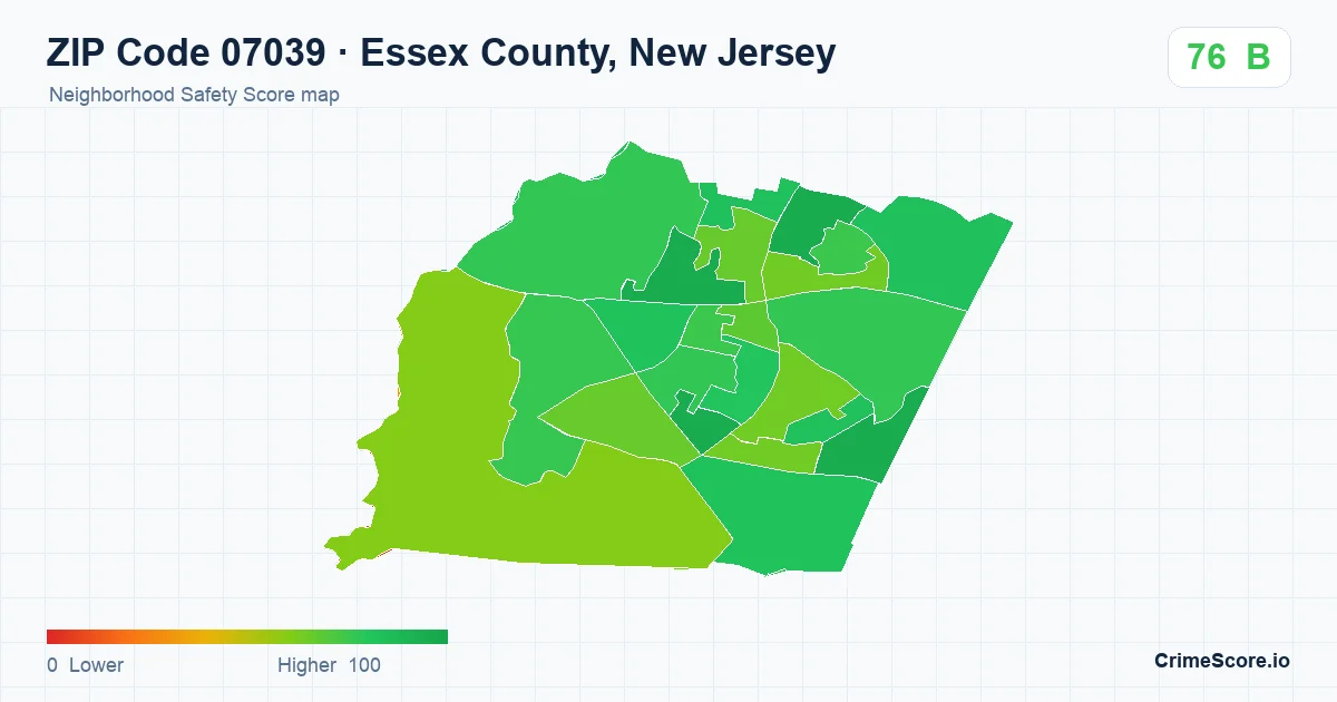 ZIP Code 07039 in Essex County, New Jersey neighborhood Safety Score map