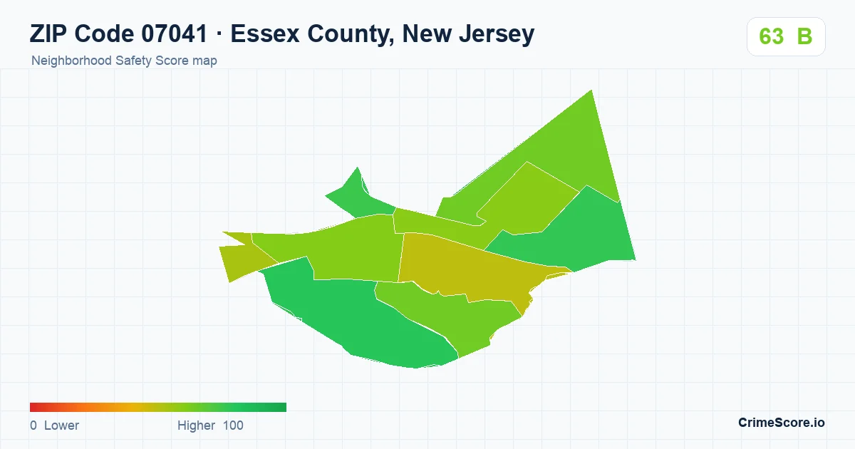 ZIP Code 07041 in Essex County, New Jersey neighborhood Safety Score map