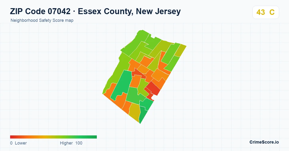 ZIP Code 07042 in Essex County, New Jersey neighborhood Safety Score map
