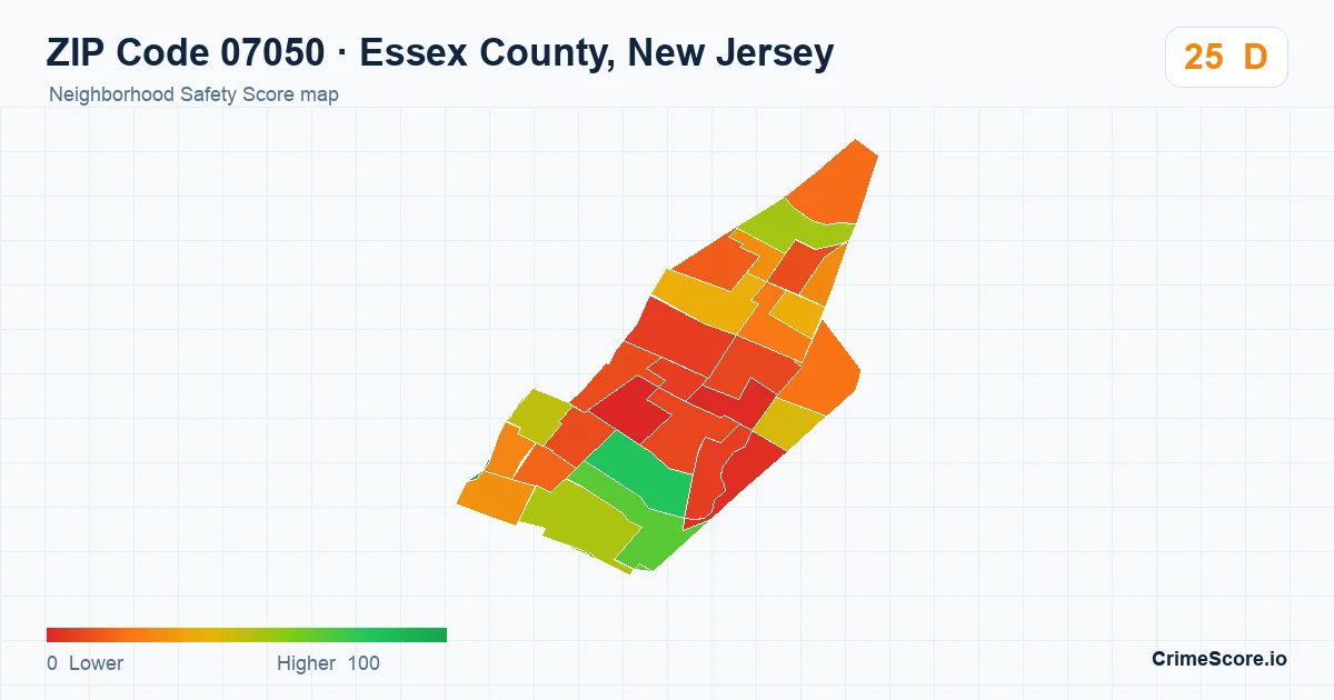 ZIP Code 07050 in Essex County, New Jersey neighborhood Safety Score map