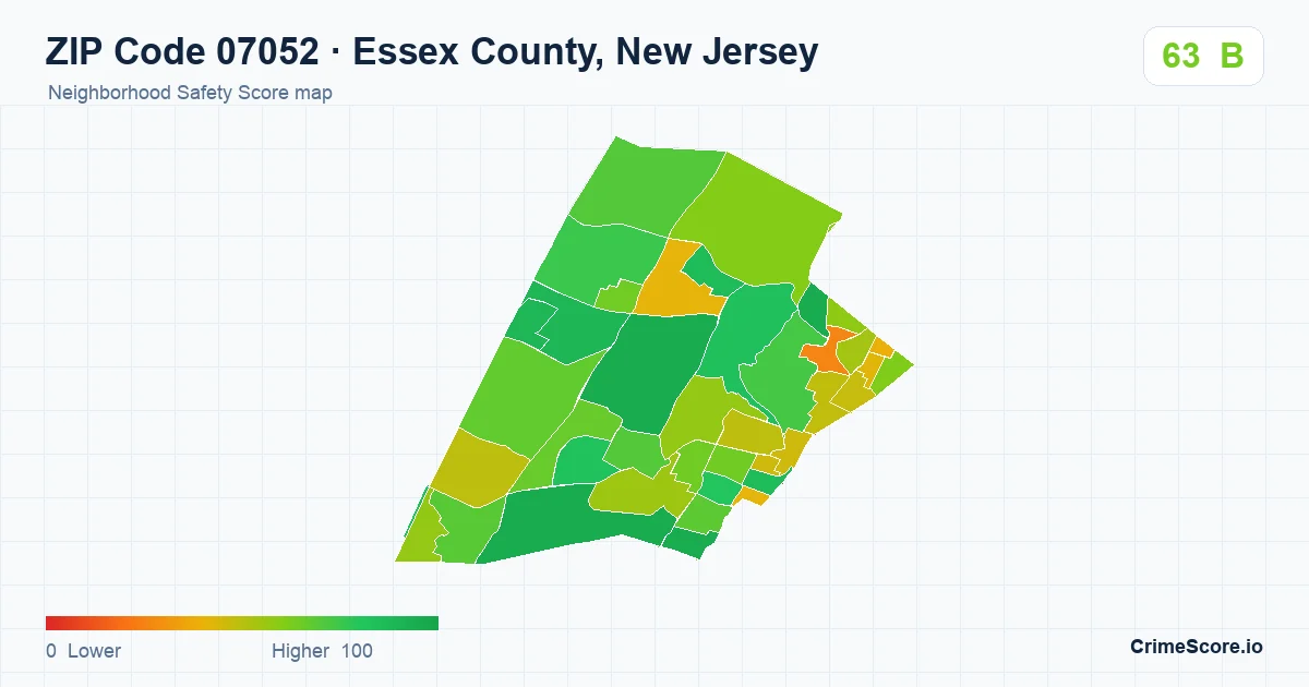 ZIP Code 07052 in Essex County, New Jersey neighborhood Safety Score map